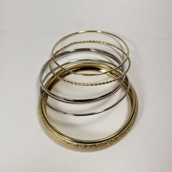 Set of 5 Textured Silver & Gold Tone Bangle Bracelets - Women's Fashion Jewelry - Picture 5 of 5